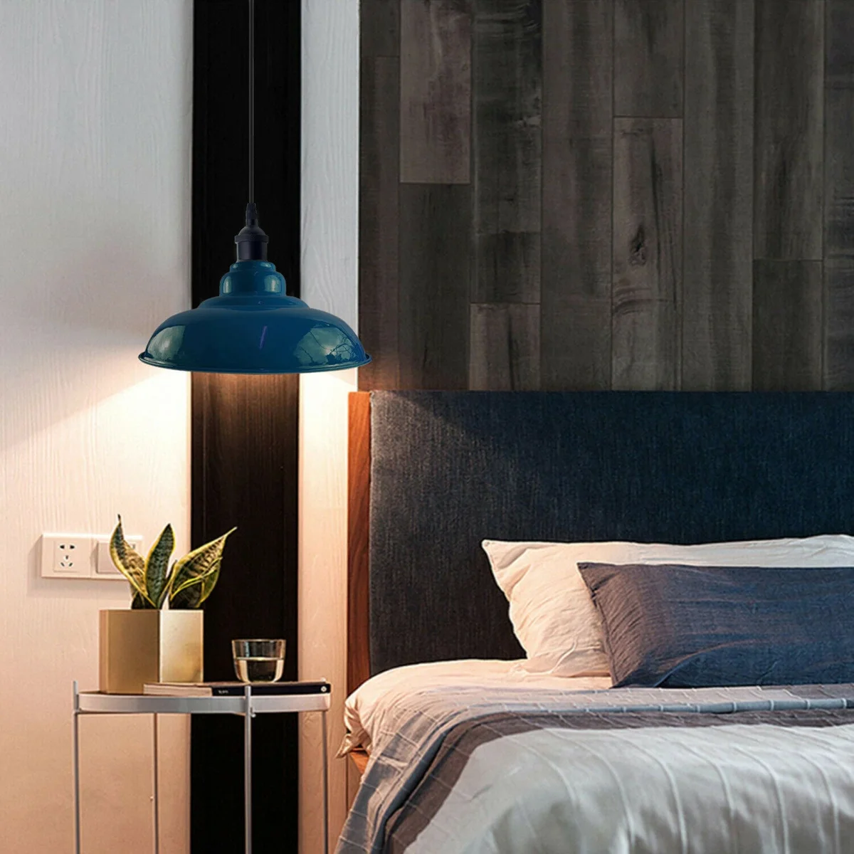 Cyan blue pendant light with metal and PVC frame, 32cm dome shade, 95cm cable, for indoor use.