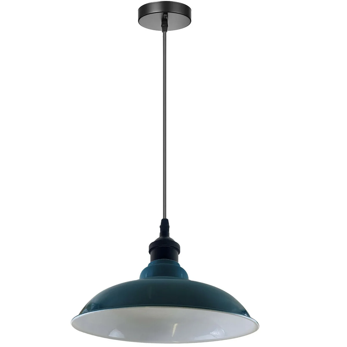 Indoor pendant lamp with metal cyan blue dome shade, 32cm, elegant retro design, hanging from adjustable PVC wire