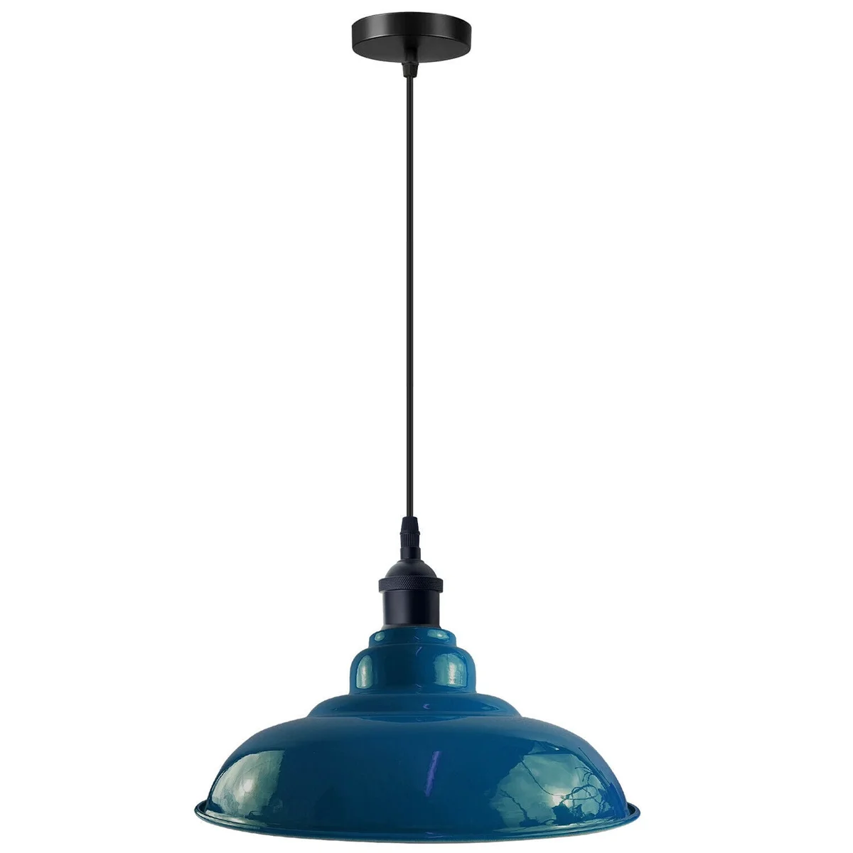 Cyan blue pendant light with metal dome shade, white inner lining, E27 base, 32cm vintage style for kitchen or living room.