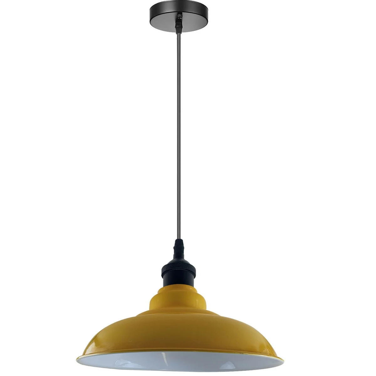 E27 bulb pendant light with yellow painted metal shade, white hood interior, angled base, 95cm cable, indoor design.