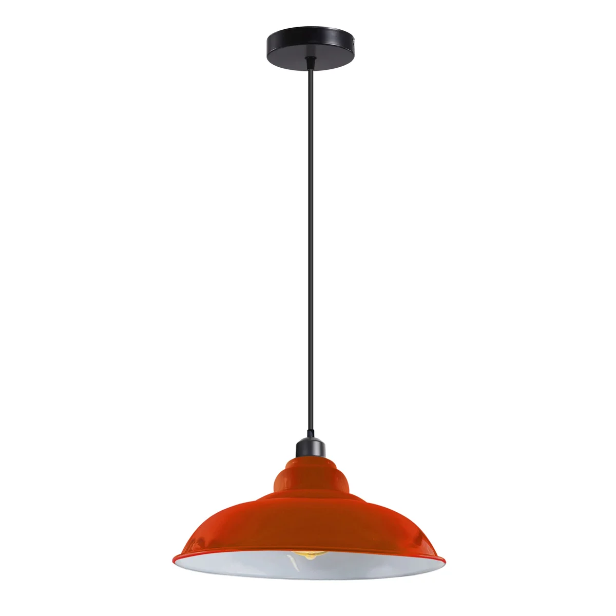 Industrial pendant lamp with orange lampshade, painting finish, white hood, metal base, 32cm high, featuring an E27 bulb pendant