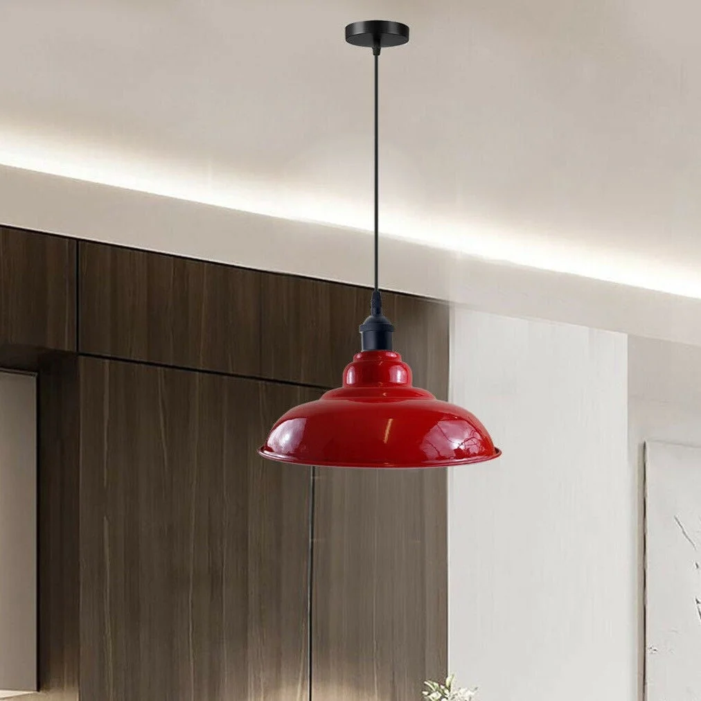 Easy fit pendant light with painted metal frame, white hood, 10cm diameter, adjustable for sloped ceilings, 95cm cable included.