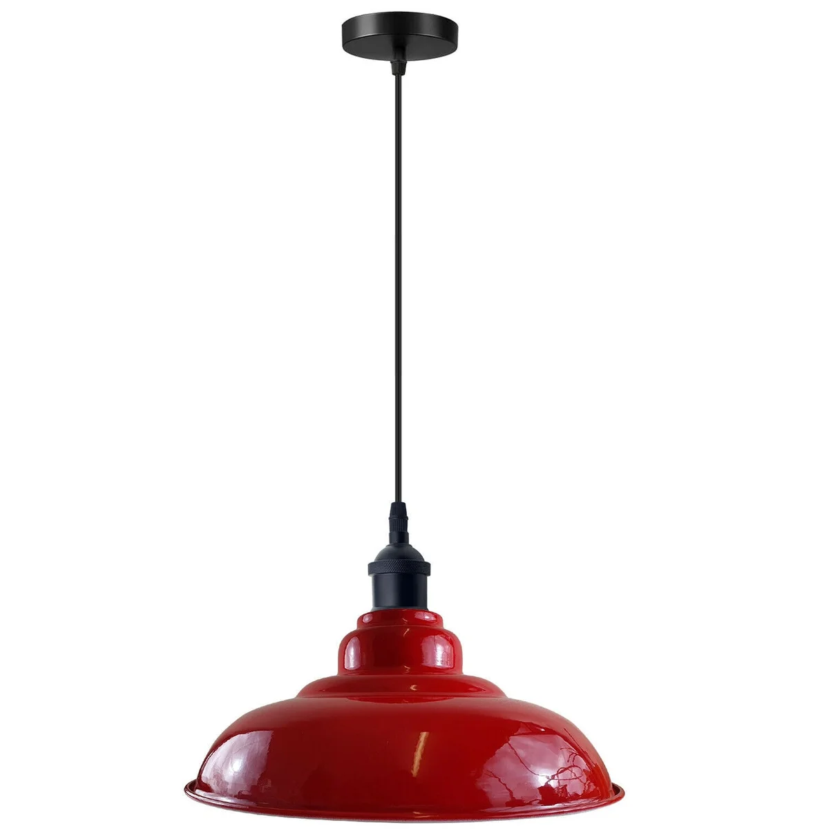 E27 pendant light with painted metal and PVC shade, white interior, angled base for sloped ceilings, red colour.