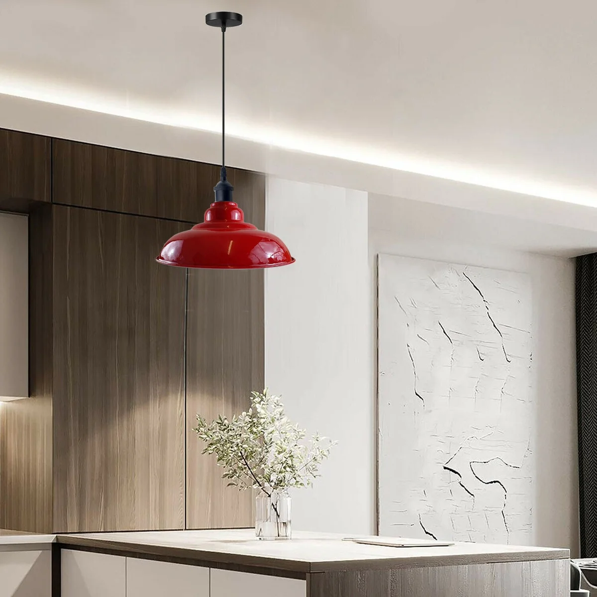 Metal pendant lamp with white hood and angled base, hanging over kitchen island, 95cm cable, indoor use