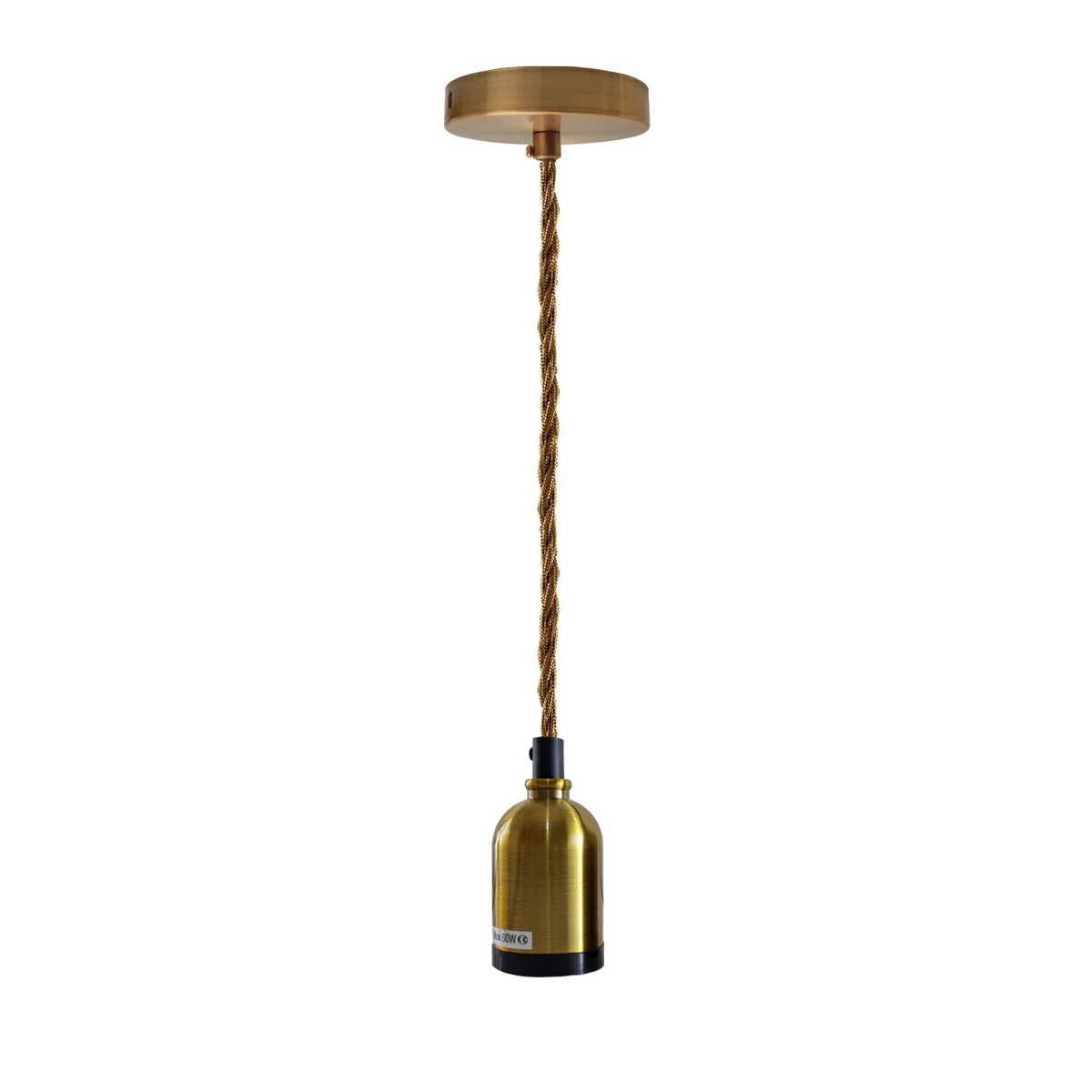 Shiny modern indoor hanging lamp with yellow brass metal ring, 95cm fabric‑cord, E27 base, vintage style, hanging from ceiling.