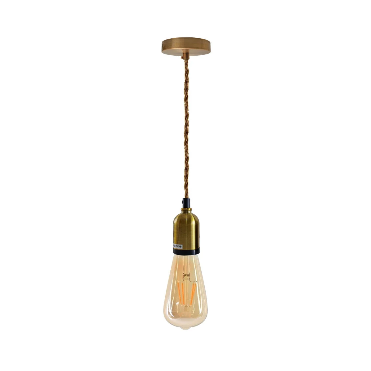 Modern pendant light with metal lamp holder, fabric wrap, yellow brass and gold cord, hanging 95cm from ceiling