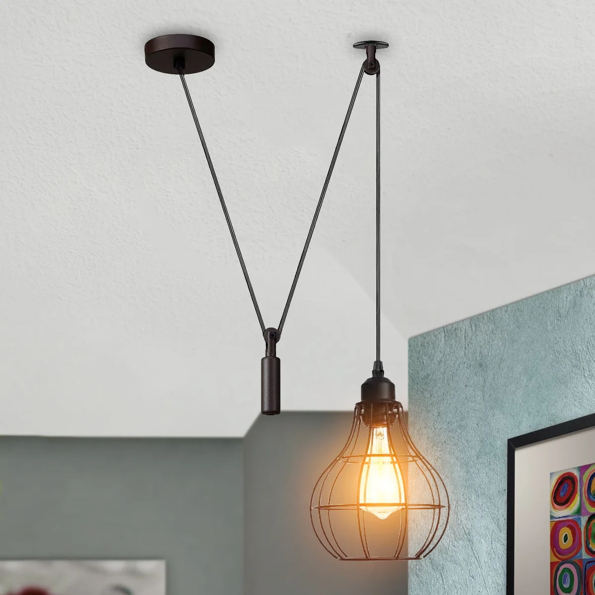 Metal ceiling light hanging from 200cm black metal cable, spider pendant style with E27 holder.