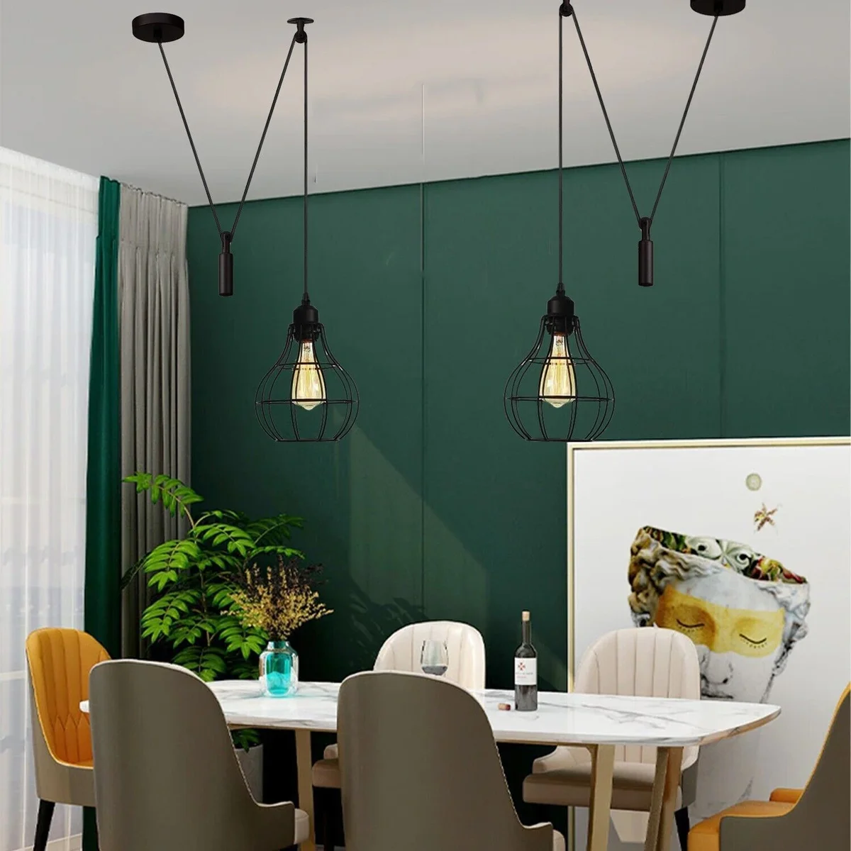 black spider pendant lamp with long cable and metal frame, hanging above floor space.