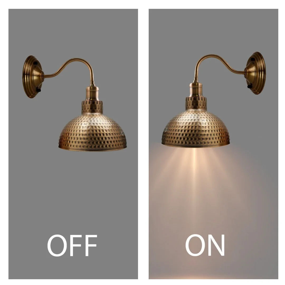 Copper vintage wall sconce with swan neck and dome shade, ideal living room wall light.