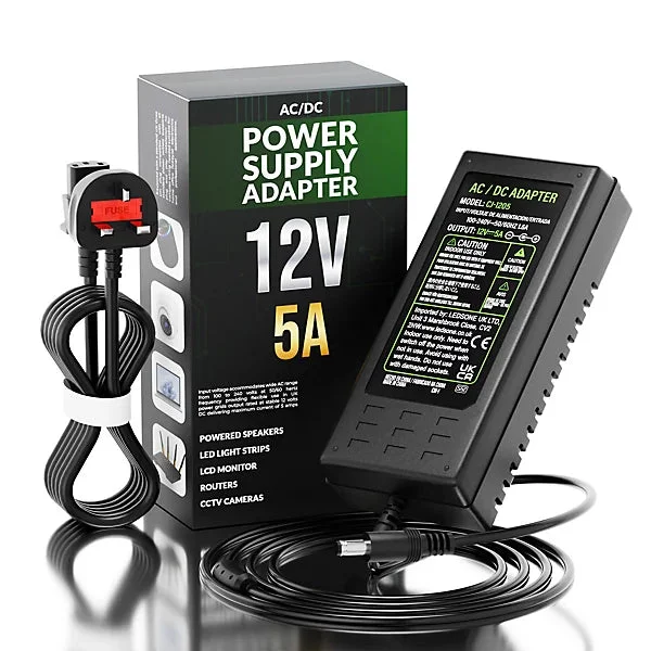 Black plastic 12V power supply adapter with 3‑pin male jack, single cord, labeled “12V 5A”