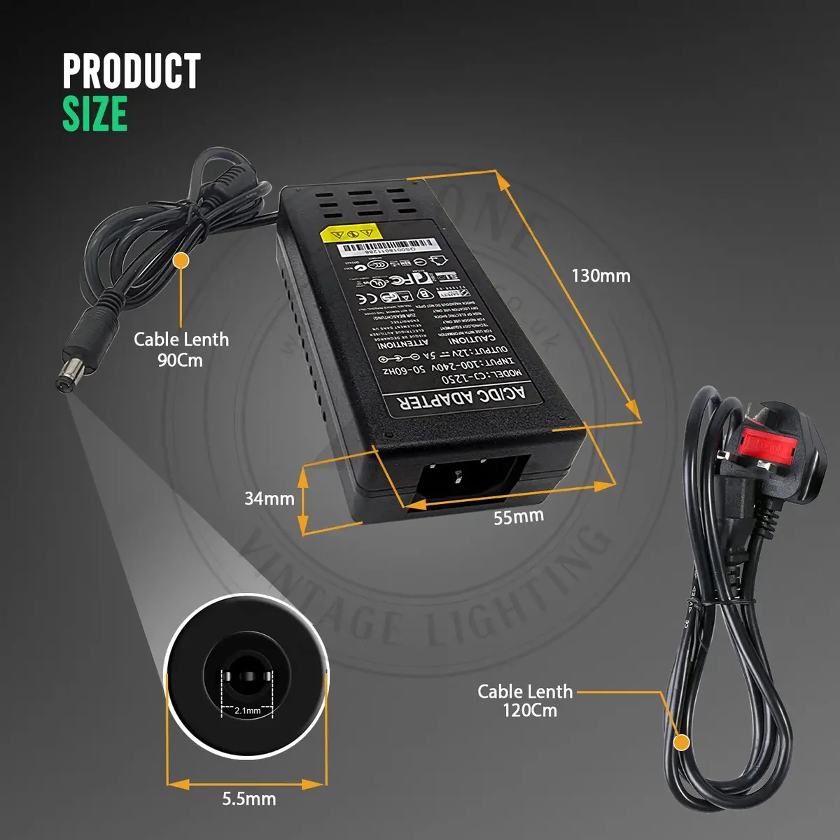 12V 5A 3‑pin plug power adapter in compact plastic housing, labeled AC100‑240V input and DC12V output.