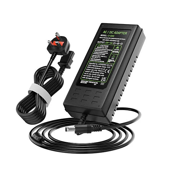 12V 5A AC to DC power converter in plastic housing, 60W output, with male 5.5mm×2.5mm jack.