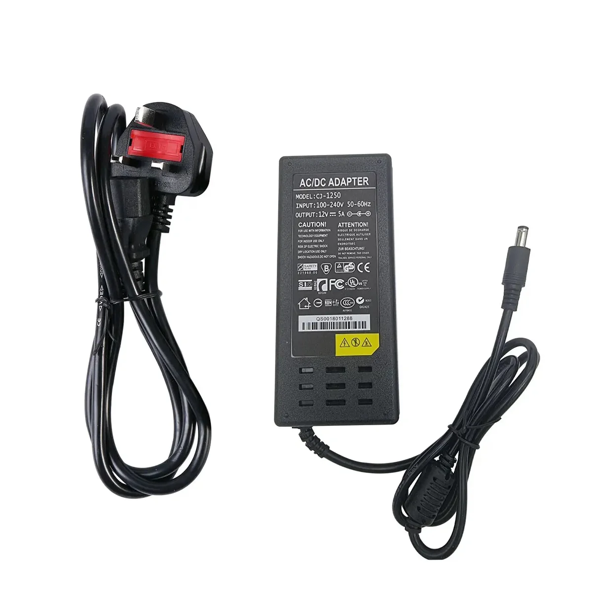 12V DC power adapter with a 5.5mm×2.5mm male plug, compact plastic housing, 60W, 5A output, suitable for LED lights and electronics.