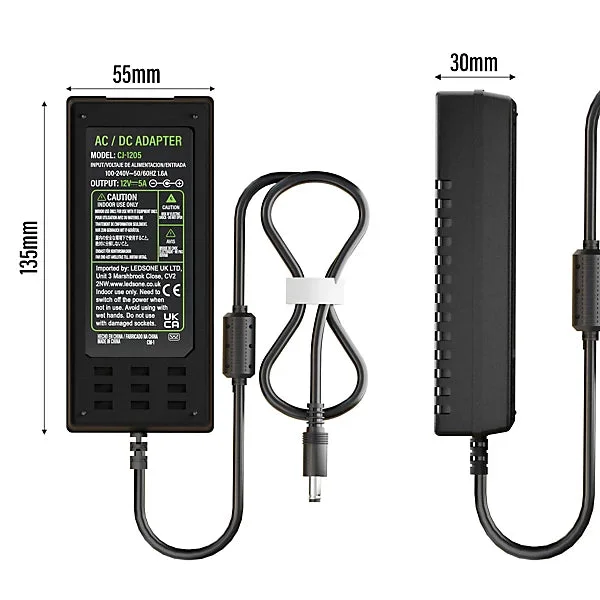 12V power supply adapter with 3‑pin male plug on plastic shell, 60W output, suitable for LED lights and electronics.