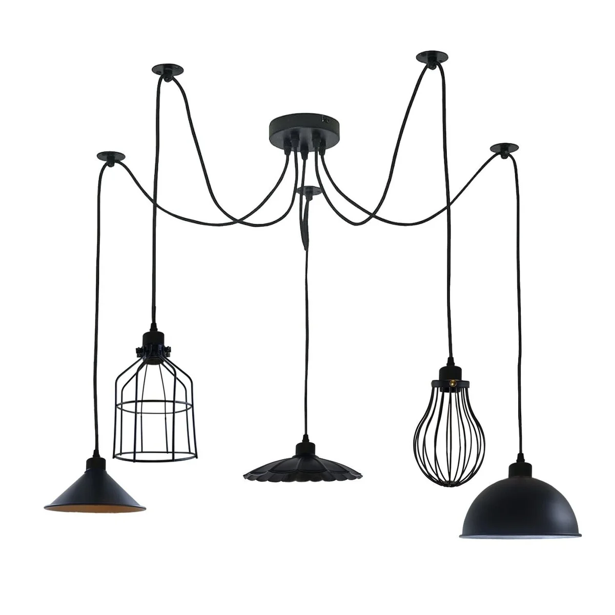 Black spider chandelier light with five pendant arms and matte black metal construction