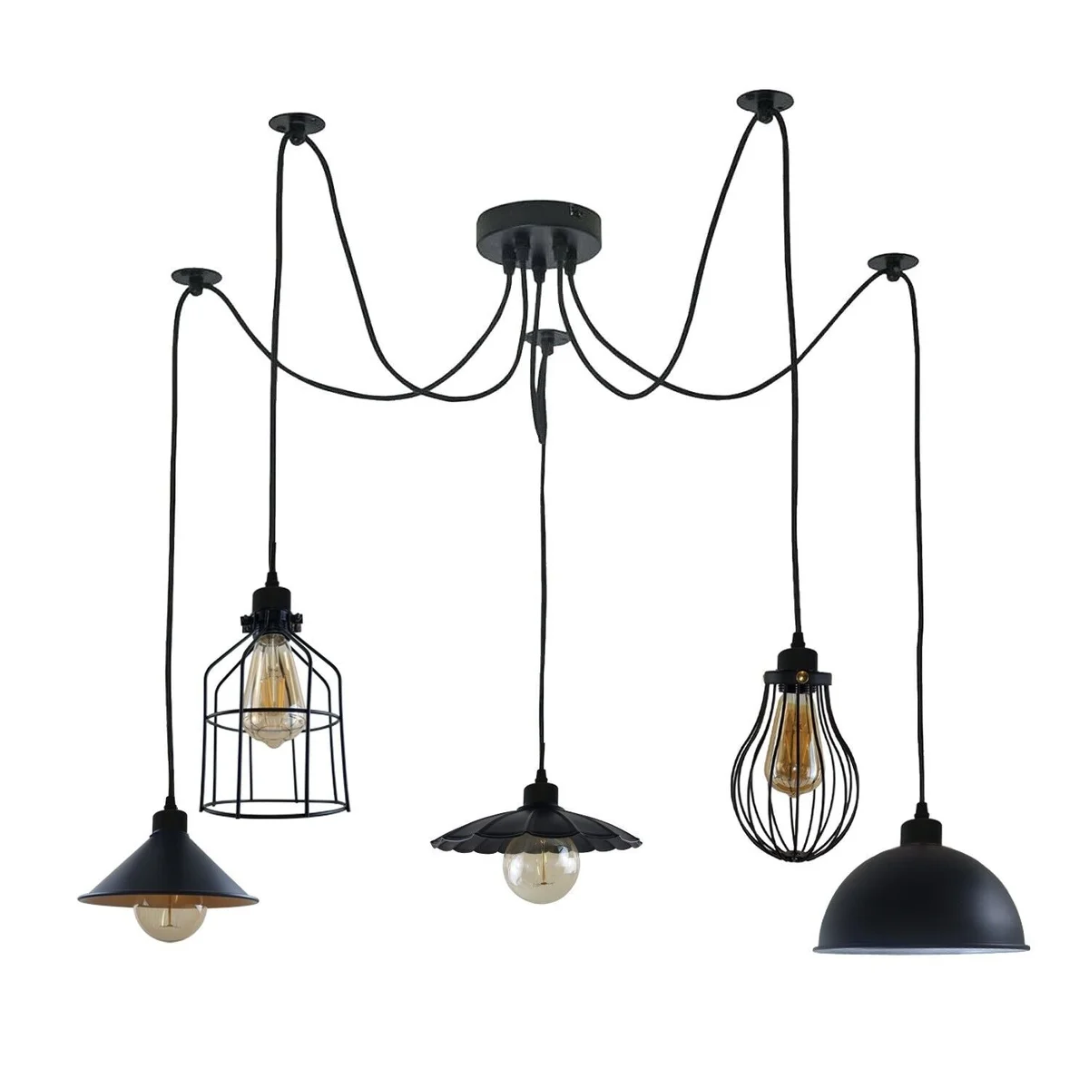 Black 5‑way pendant light spider chandelier with five matte black metal arms hanging from a central point