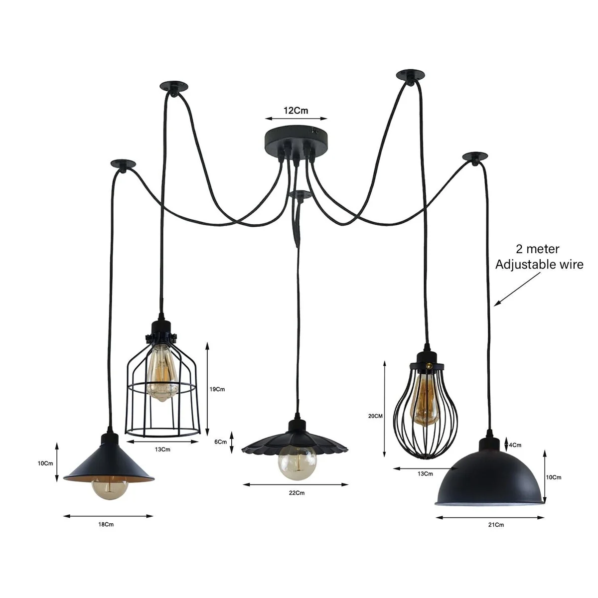 E27 bulb pendant light, matte black metal, five industrial arms hanging from a central canopy, evenly lighting a wide table.