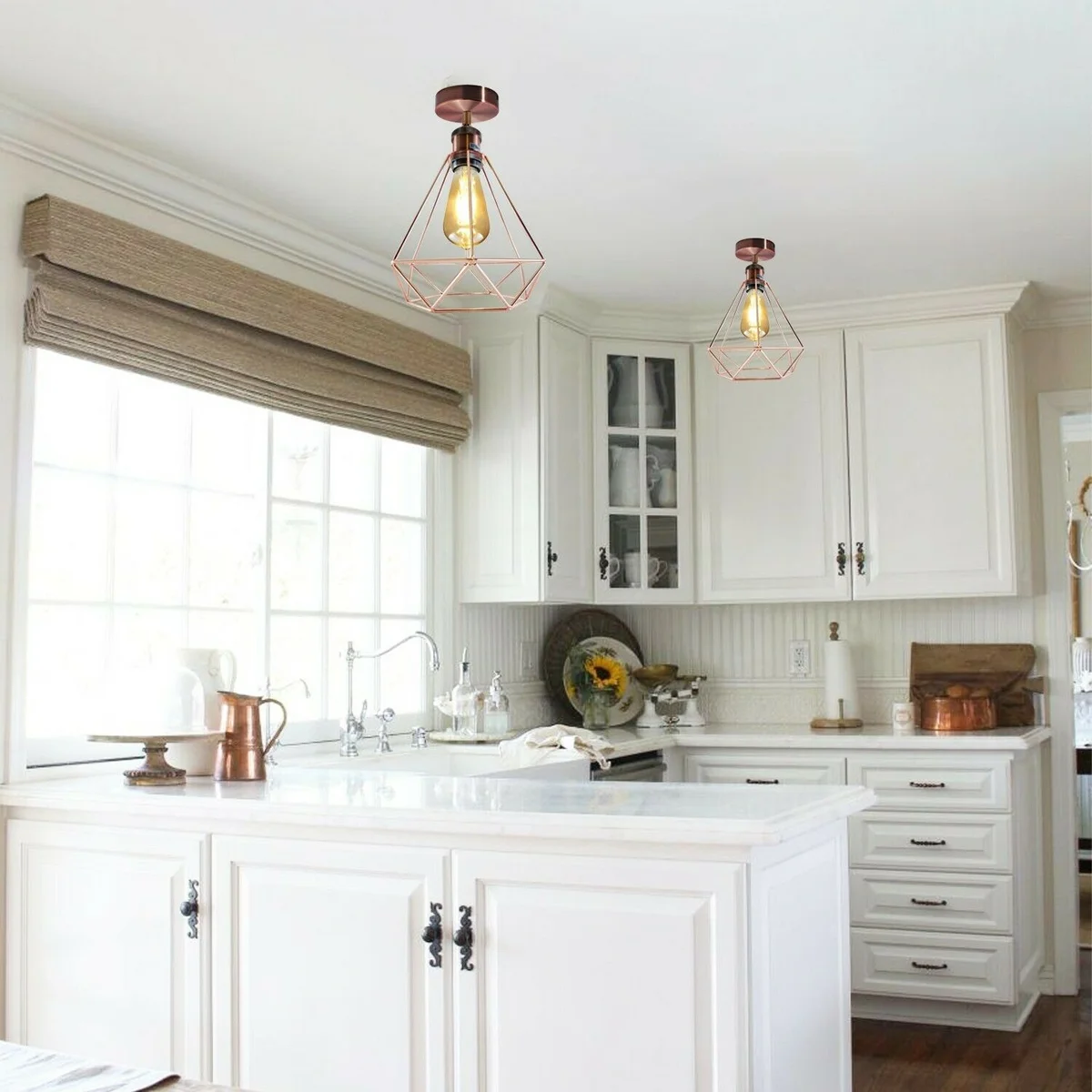 Vintage ceiling light shade with geometric metal cage design in rose gold and copper, flush mount, E27 base, 10cm by 2.5cm