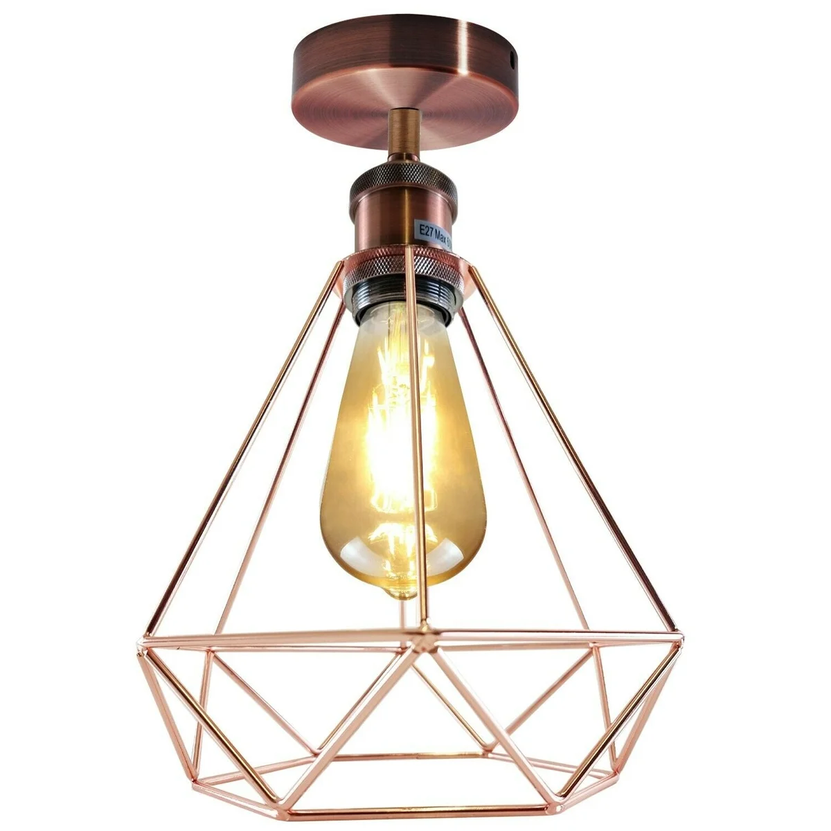 Industrial cage ceiling light in rose gold and copper metal, flush‑mounted with geometric cage shade.