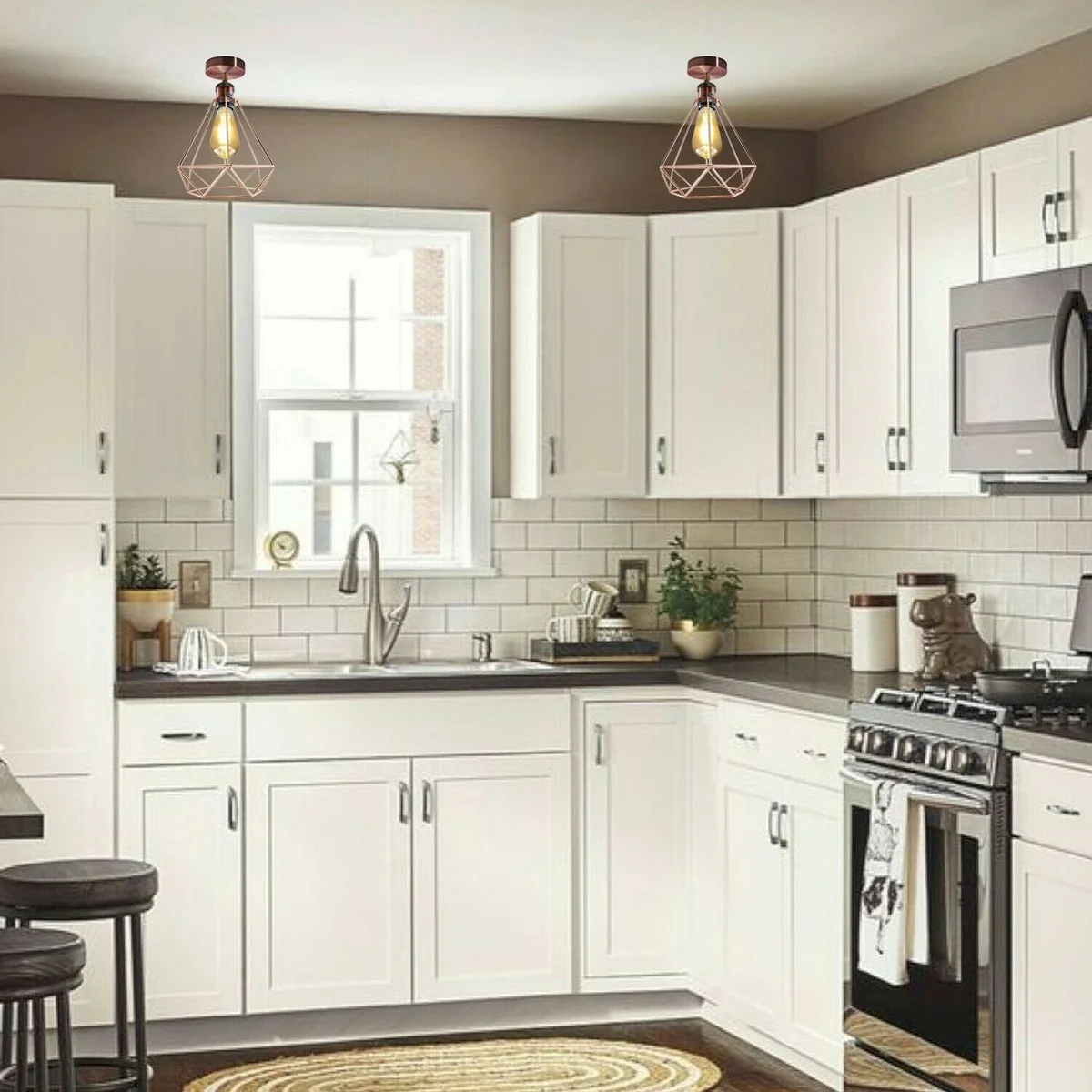 Vintage rose gold and copper geometric cage ceiling light with metal shade, 10cm x 2.5cm, E27 base, flush mount.