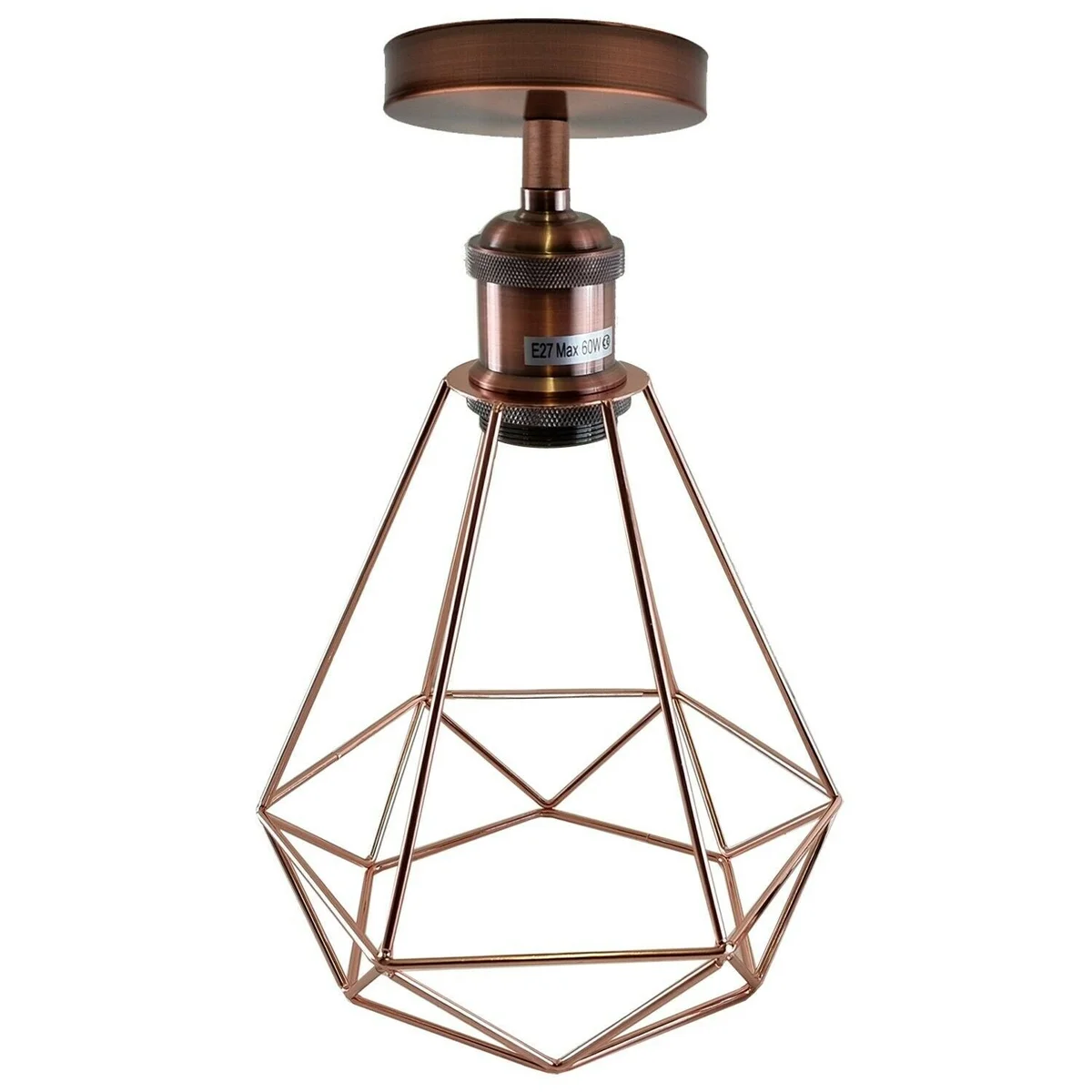 Metal flush mount light in rose gold and copper, geometric cage ceiling shade, E27 base, flush mounting design