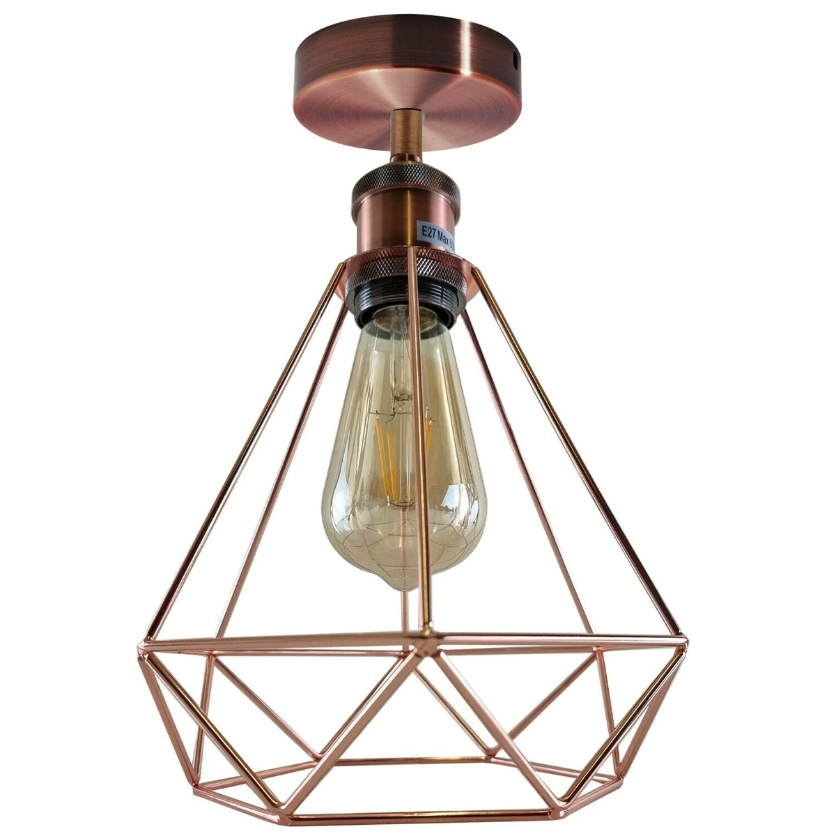 Retro geometric ceiling light with rose gold and copper metal cage, flush mount, 10cm ceiling plate, E27 base.