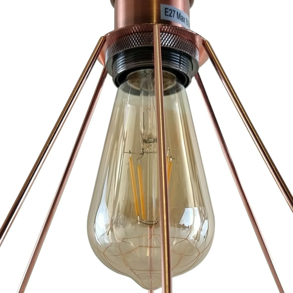 Vintage ceiling light shade with geometric metallic cage in rose gold and copper, flush‑mounted ceiling fixture, plain view.