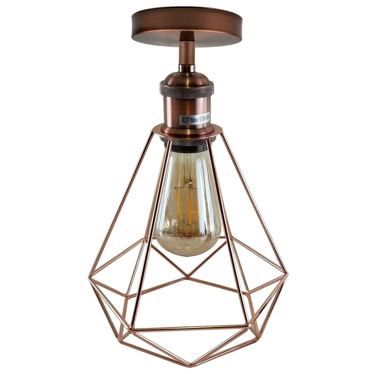 Vintage ceiling light shade with geometric metal cage, rose gold and copper finish, flush mount, E27 base