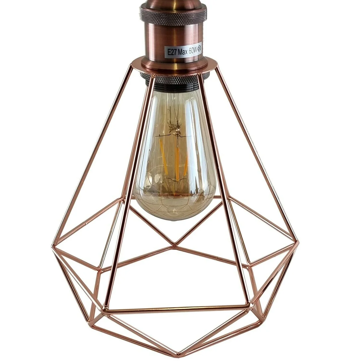 Vintage ceiling light shade featuring metal cage, rose gold and copper accents with perforated shade for warm lighting.