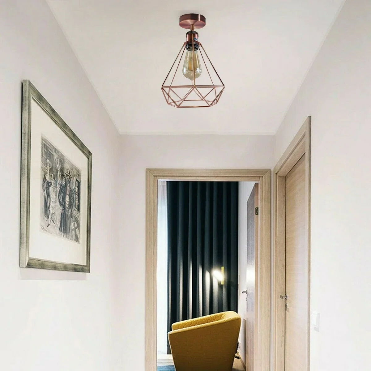 Vintage ceiling light shade metal geometric cage, rose gold and copper finish, flush mount, fits E27 bulb