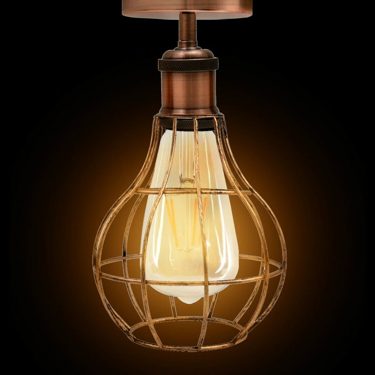 Brushed copper lamp base with a metal plate, 10cm by 2.5cm, E27 socket, and light shade, styled as industrial ceiling fixture.