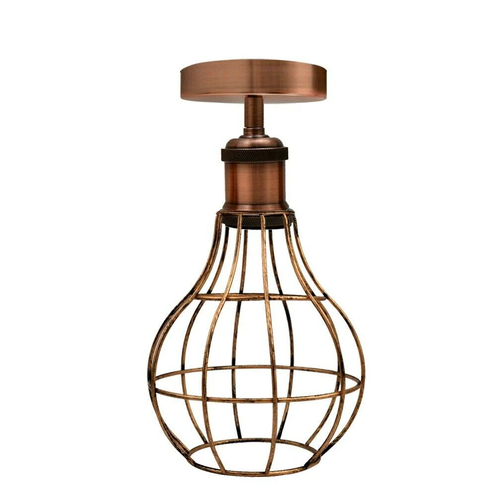 Vintage ceiling lamp in brushed copper metal, flush‑mounted base 10cm x 2.5cm, with E27 socket shade, industrial style.