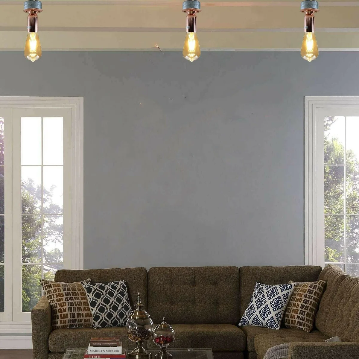 Vintage ceiling lamp with galvanized metal housing in rose gold, 6.7 cm diameter, flush mount, suitable for E27 bulbs.