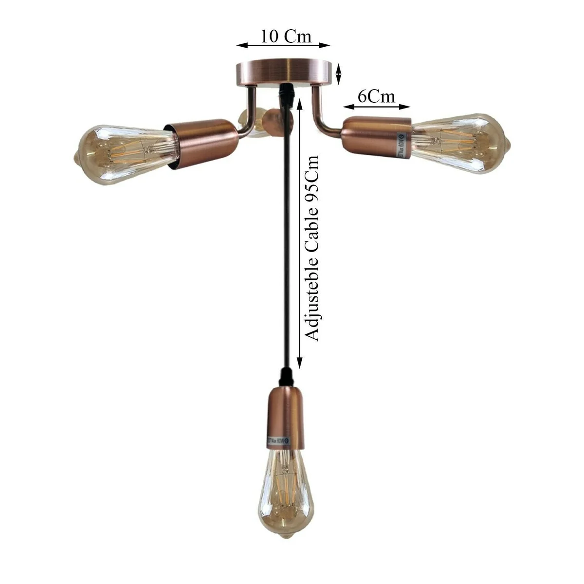 Four‑light vintage industrial ceiling light in copper metal cage, flush mount with 12 cm × 2.5 cm plate.