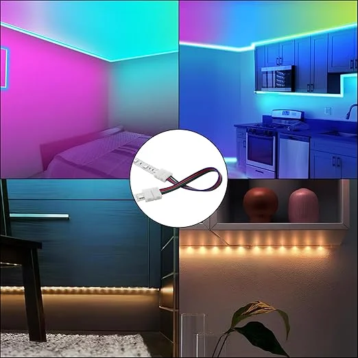 4 pin LED connector with sharp plastic pins and colored wires, clasped onto LED strip