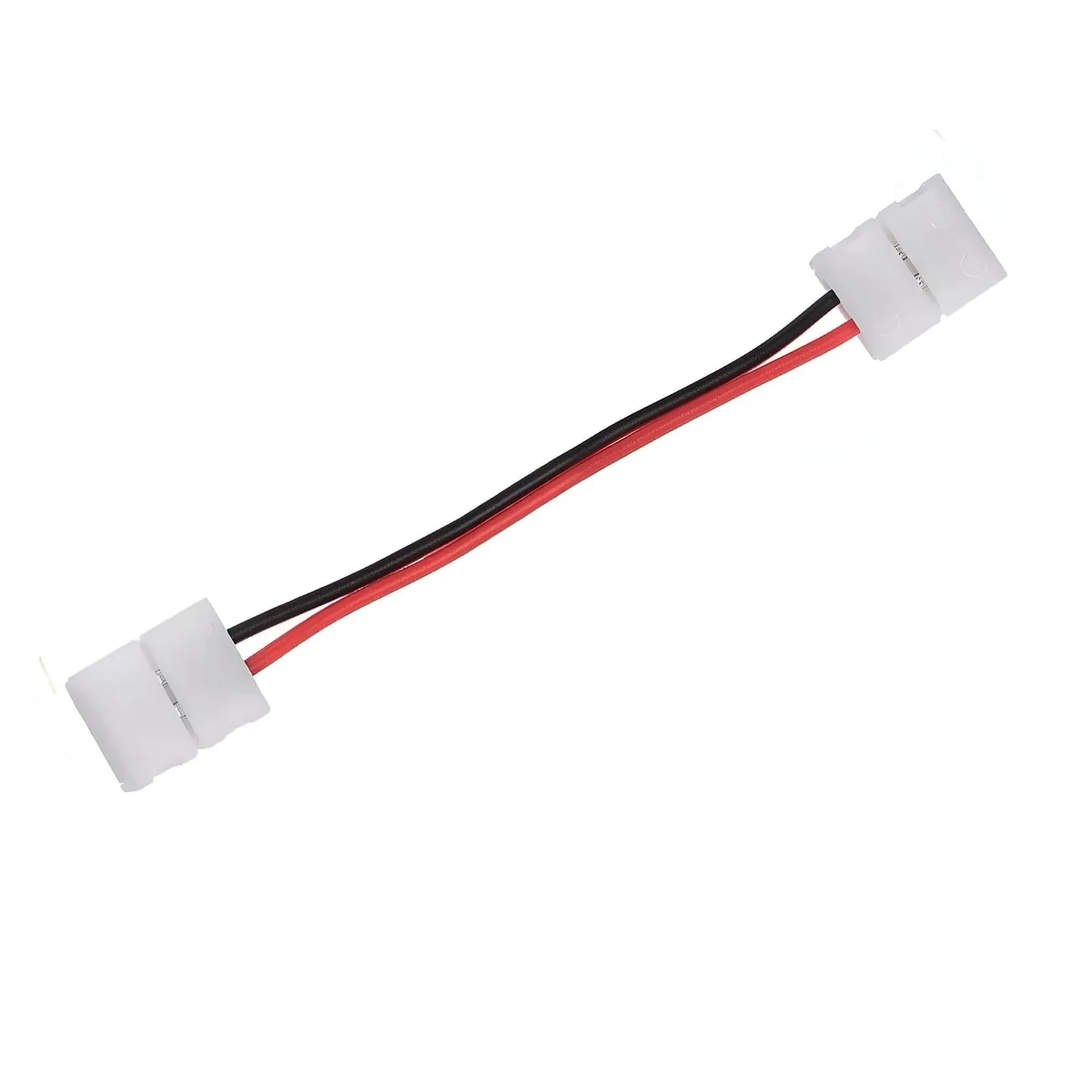 2‑pin plastic LED strip light connector with coloured pigtail and clip, ready to snap onto strip