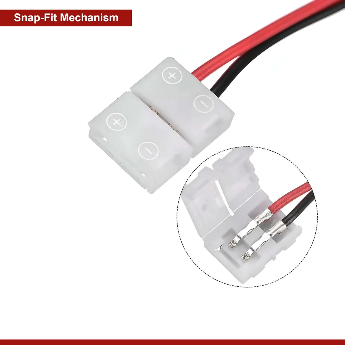 Modern 2‑pin plastic clip to clip LED connector with sharp pins and coloured pigtail wires, ready to clip onto LED strip.