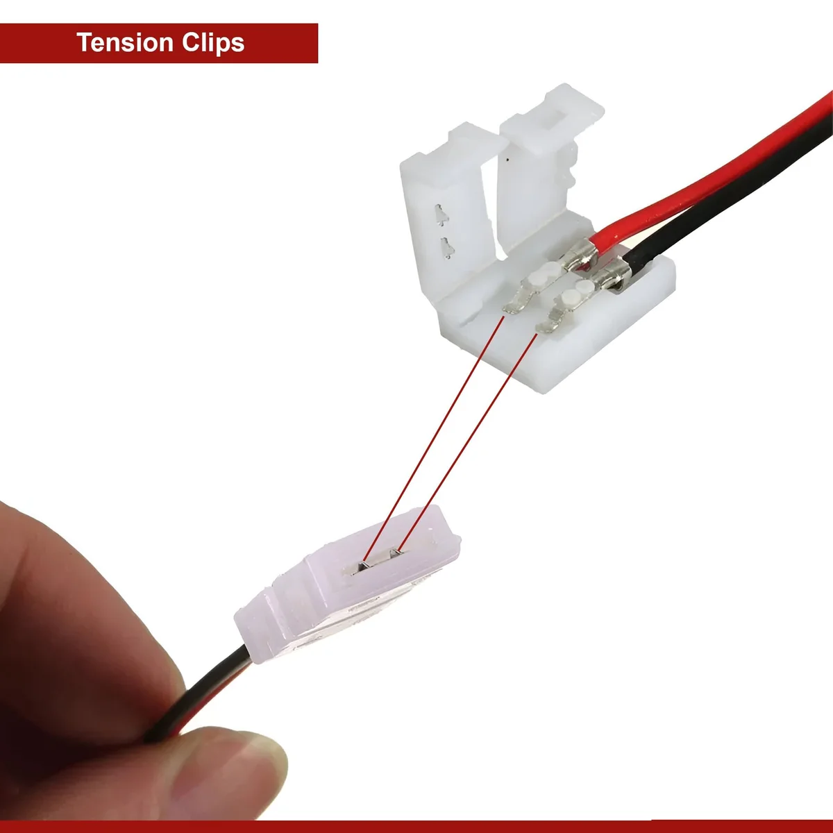 Two‑pin LED strip connector made of clear plastic, clipped onto a cut LED strip piece.