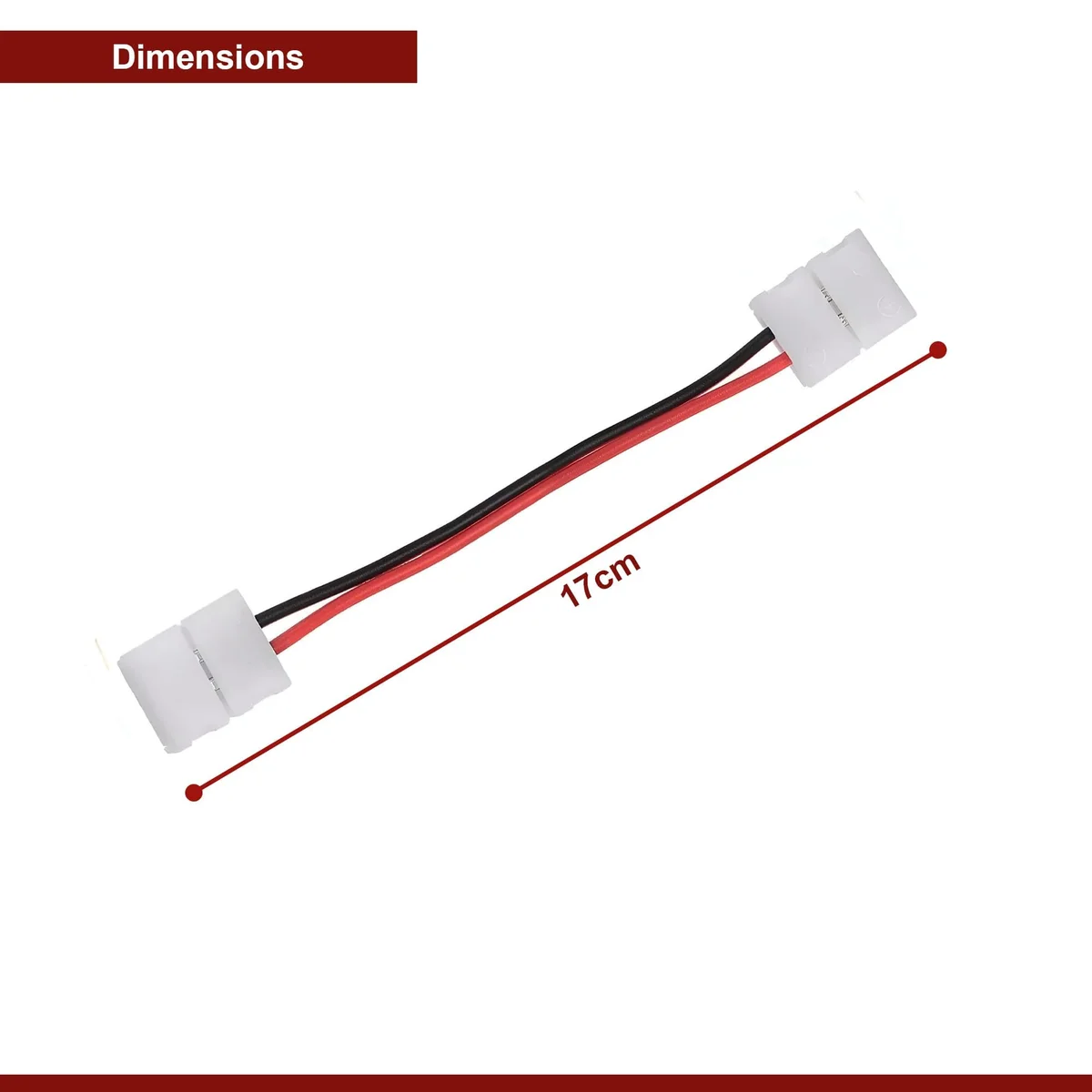 2‑pin clip‑to‑clip DIY LED strip connector with clear plastic housing and distinct coloured lead wires