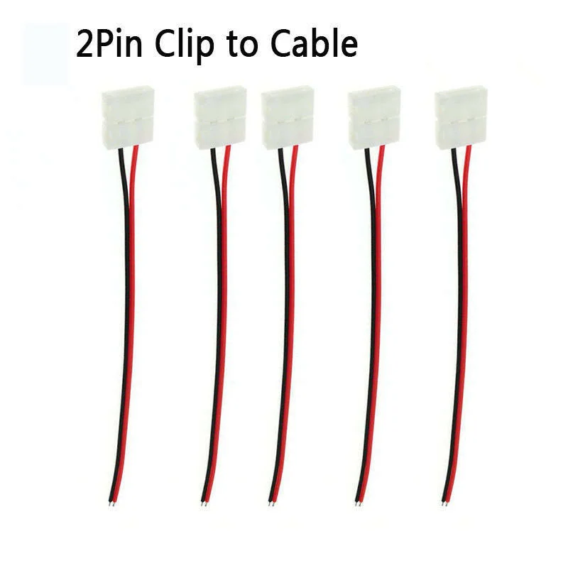 2 pin LED strip connector with sharp plastic pins shown in a modern style, ready for clip‑to‑clip LED strip connection.