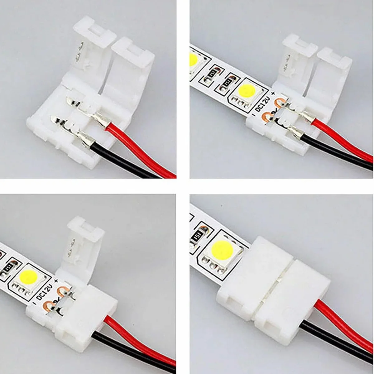 2-pin LED strip light connector with sharp plastic pins, dual coloured wiring, modern clip-to-clip design