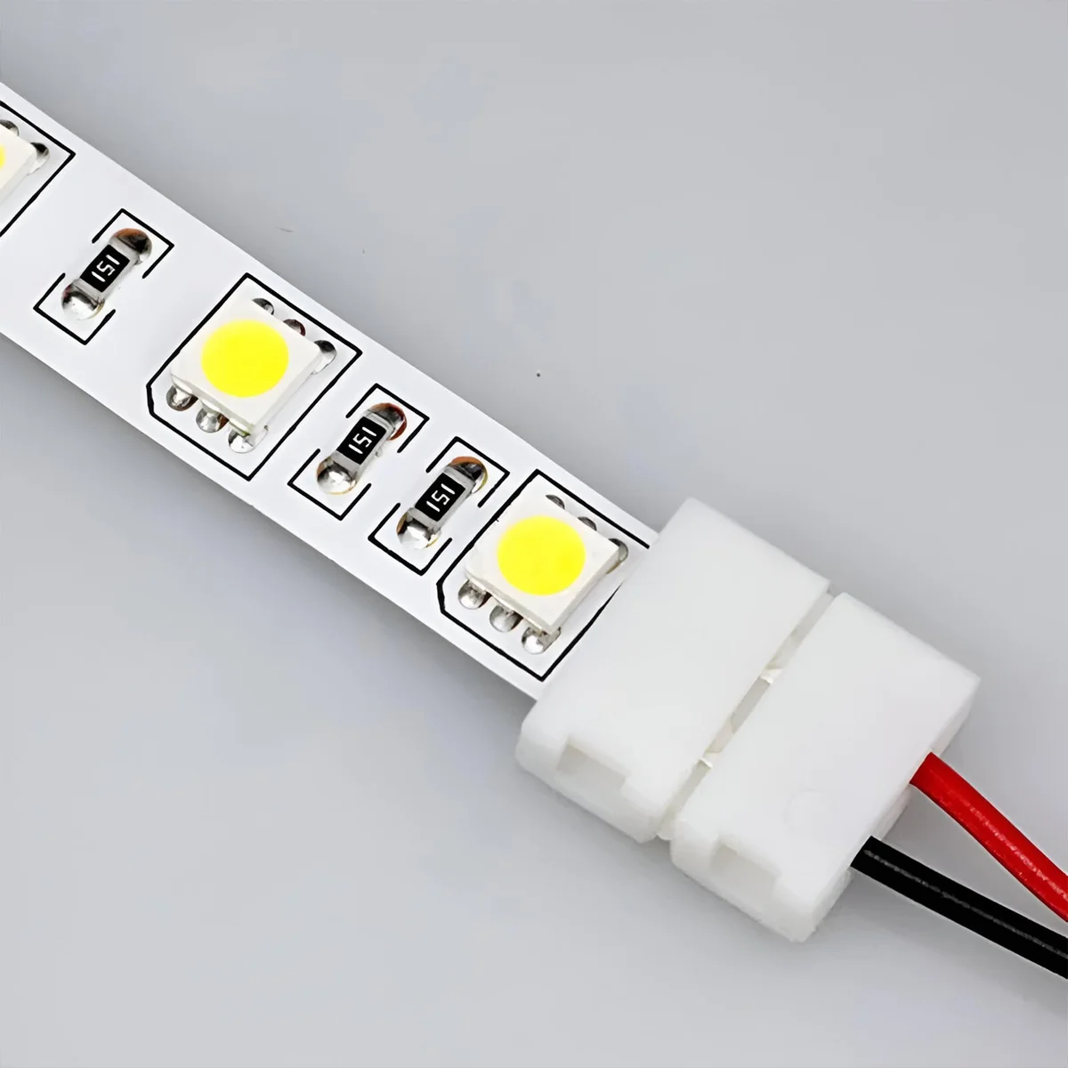 2‑pin LED strip connector cable in plastic with clasp attachment and distinct coloured wires for easy connection