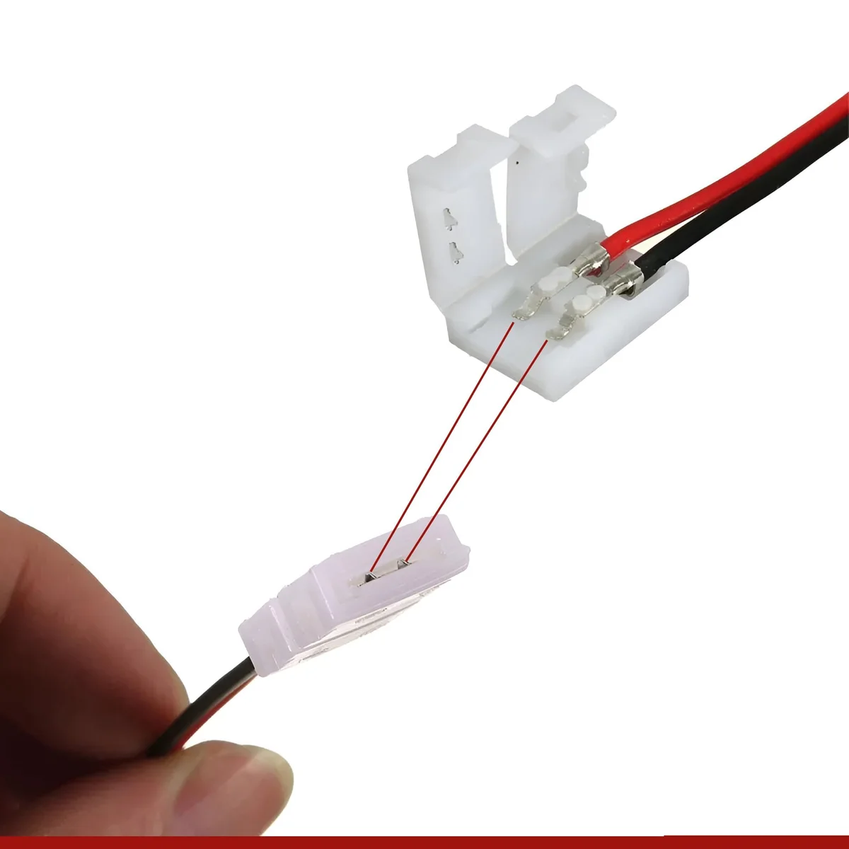 Plastic 2 Pin clip to clip LED connector with sharp pins and coloured wires, shown in a modern style.
