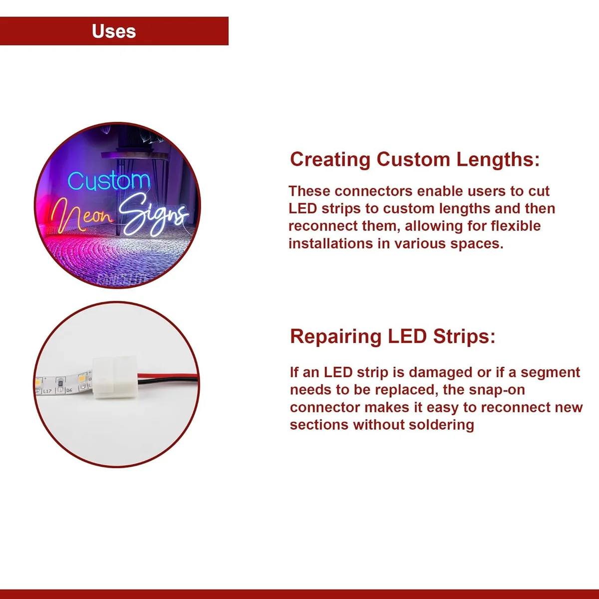 LED strip pigtail connector with modern plastic clip and two coloured wires for easy, secure connection