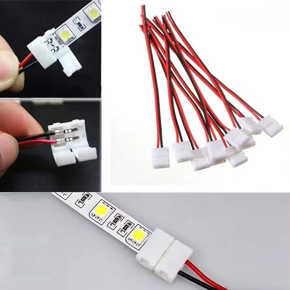 2-pin LED light connector clip in plastic with sharp pins and dual coloured wires, ready to attach to LED strip