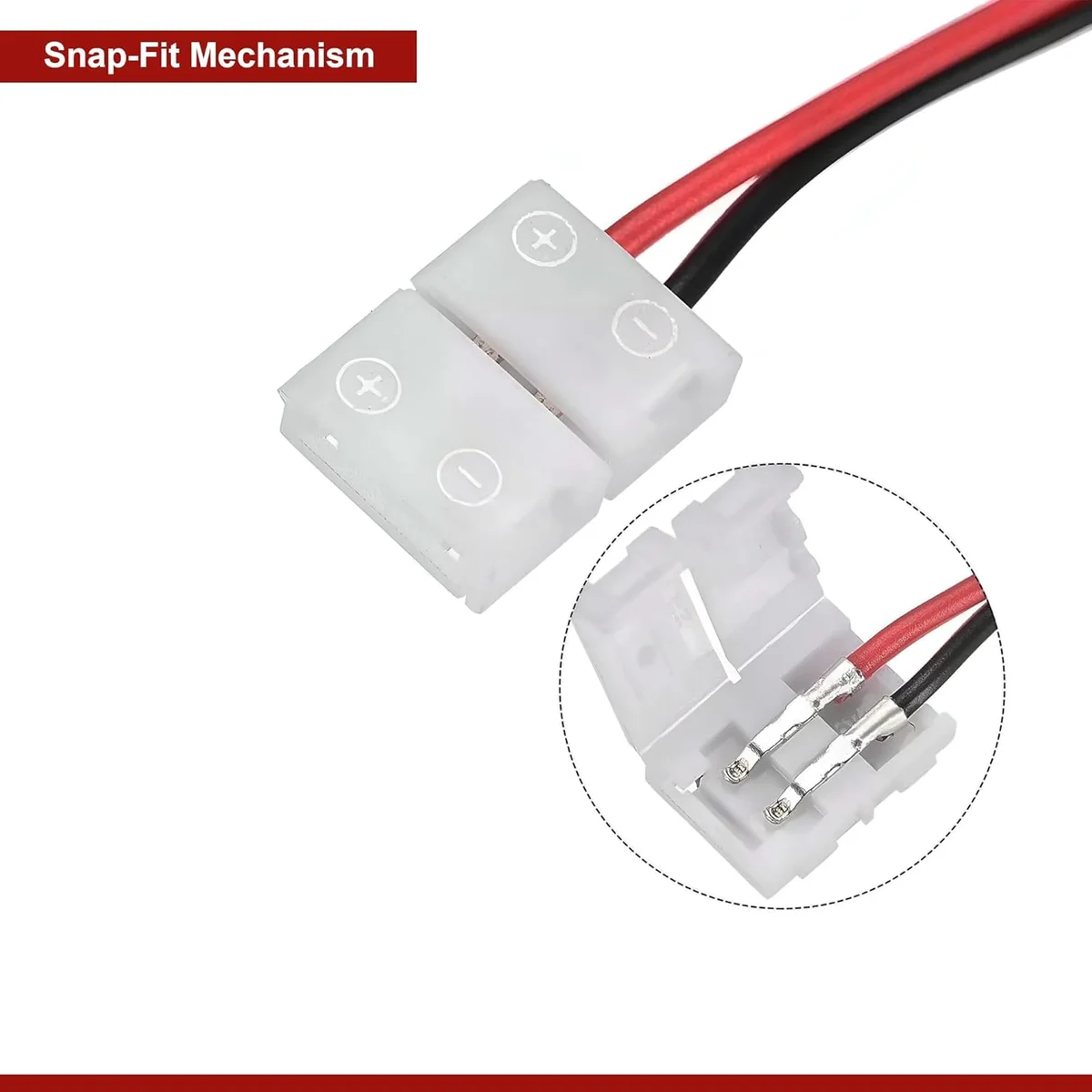 2 pin LED strip connector with sharp metal pins and a plastic cable showing colored wires, ready to clip onto LED strips