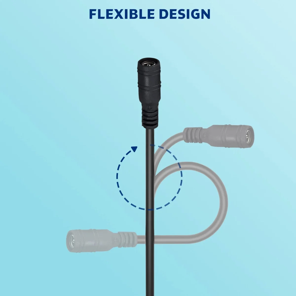 Modern DC female plug pigtail cable connector with copper core, protective plastic, labelled for CCTV power.