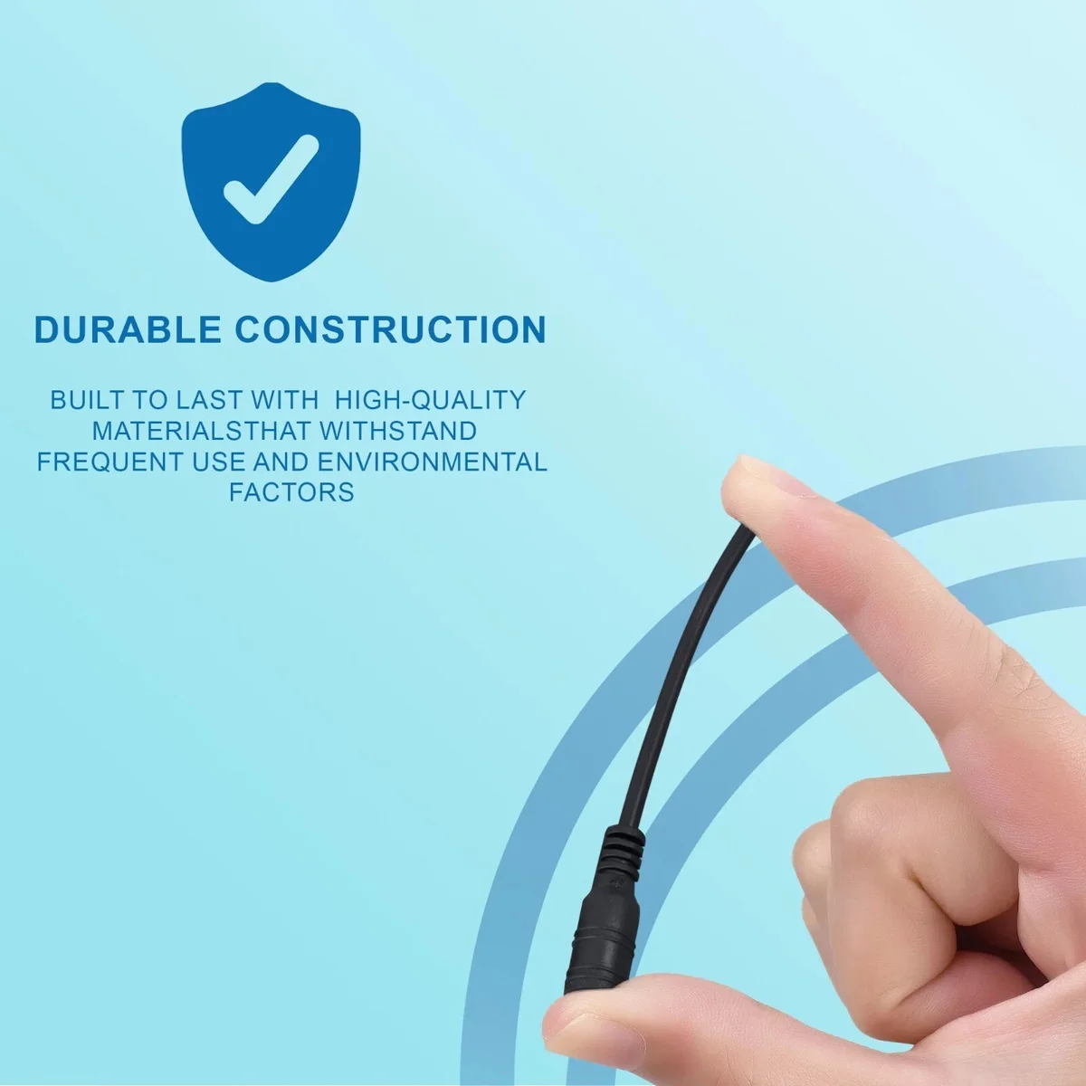 DC female plug pigtail cable connector, white plastic housing with red and blue wires, small male plug, ideal for LED strip cable.