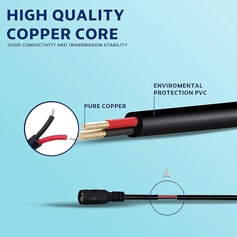 12V DC power cable with a modern female plug and pre‑tinned, colour‑coded pigtail ends