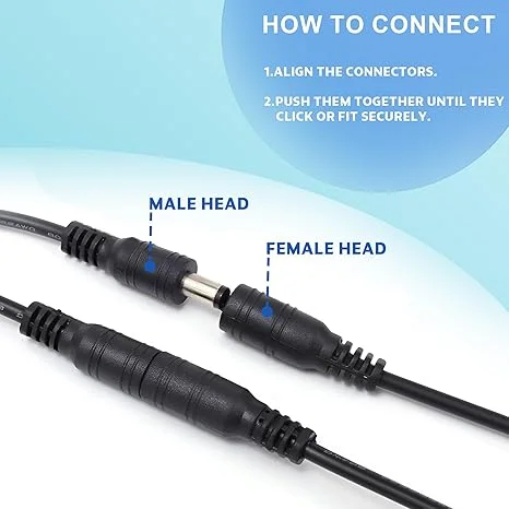 DC female plug connector with pre-tinned pigtail cable, copper core, sleek plastic housing, ready for CCTV and LED use.